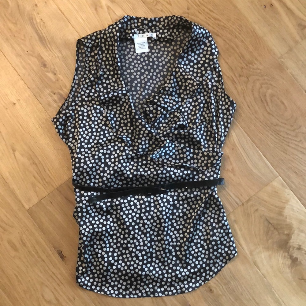 Silky polkadot ruffle top with patent leather belt
